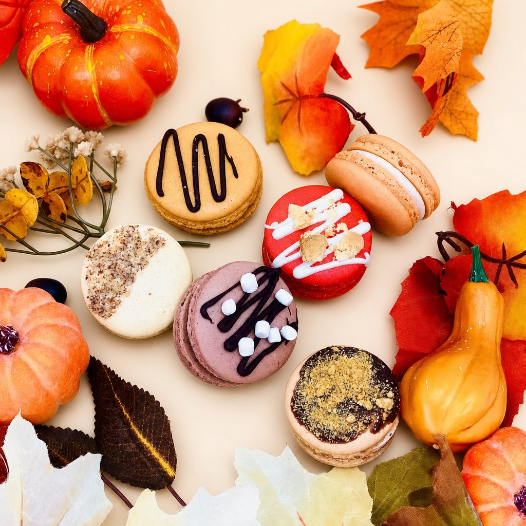A festive assortment of fall-themed macarons in various colors and flavors, decorated with chocolate drizzles, marshmallows, and crushed top