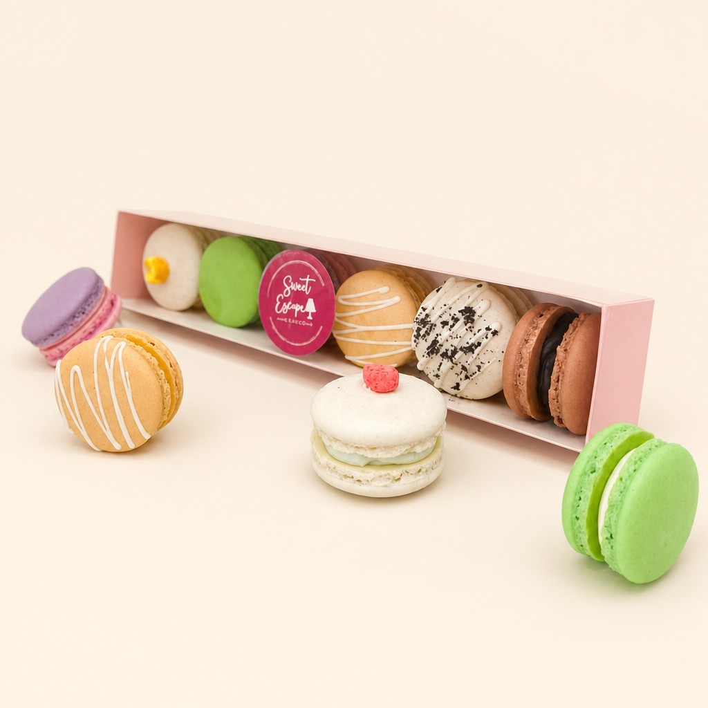 A vibrant assortment of macarons featuring various colors and decorations, including white drizzle, cookie crumbs, a branded logo, and a sma
