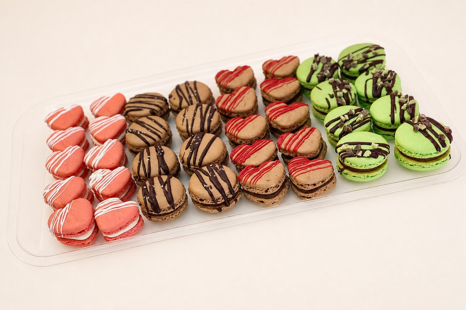 A clear tray filled with an assortment of heart-shaped and round macarons in pink, green, and brown, decorated with white, red, and chocolat